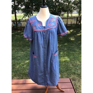 Butterfly Embroidered Dress L Cotton Mumu Pull Over Go Softly Patio Blue